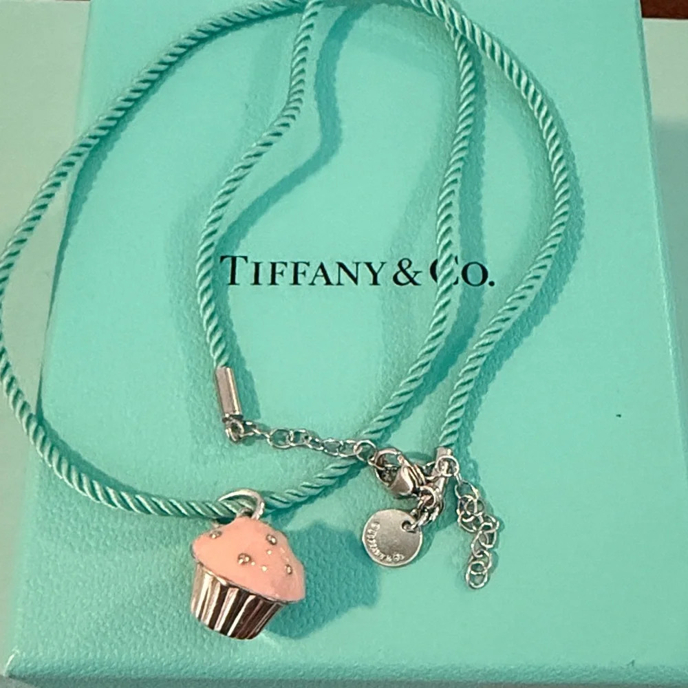 Tiffany & Co. Cupcake Charm Pendant Necklace on Tiffany Silk Cord 16-18”